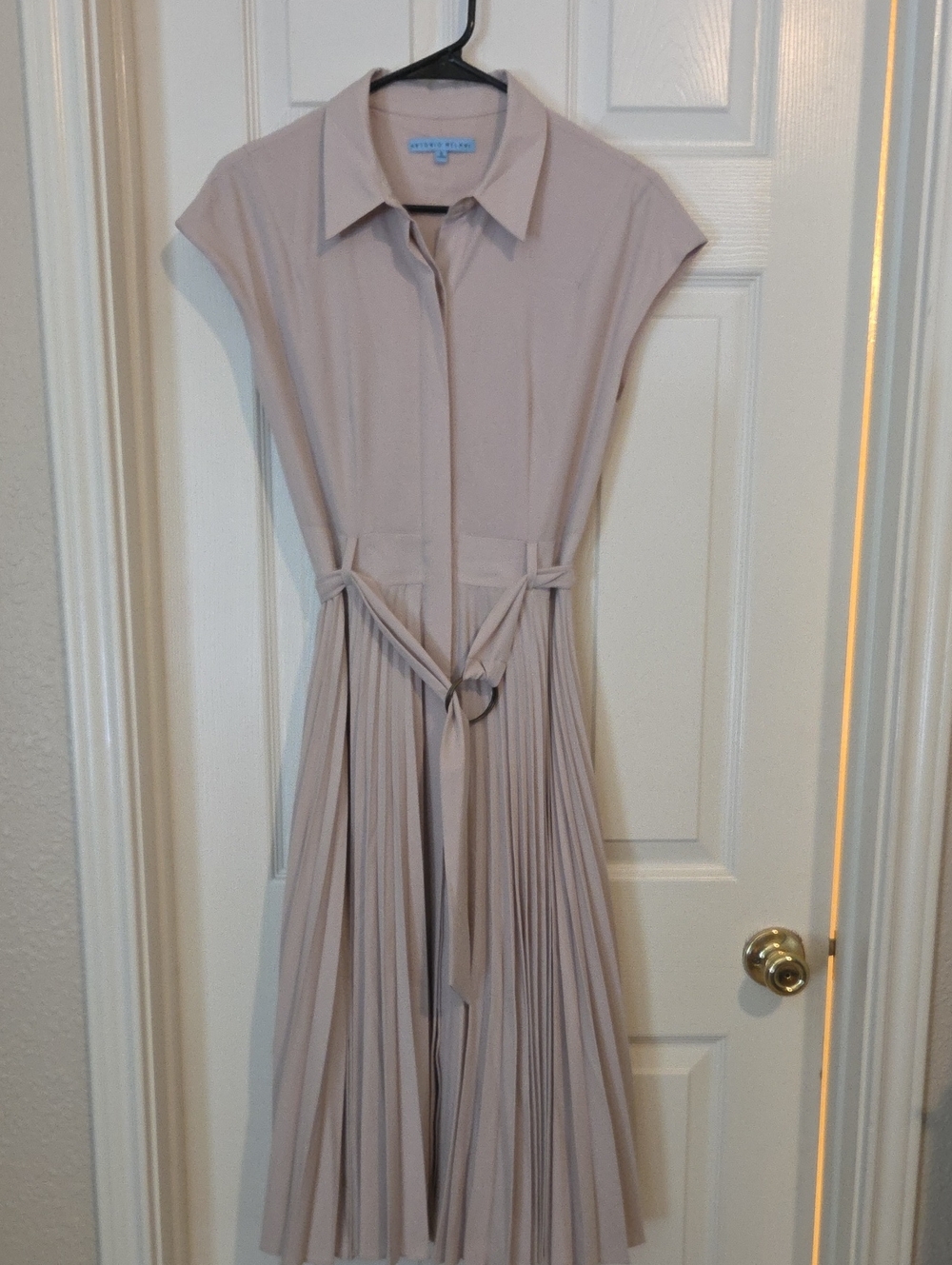 Cream/Peach Pleated Midi Shirt Dress with Waist Tie